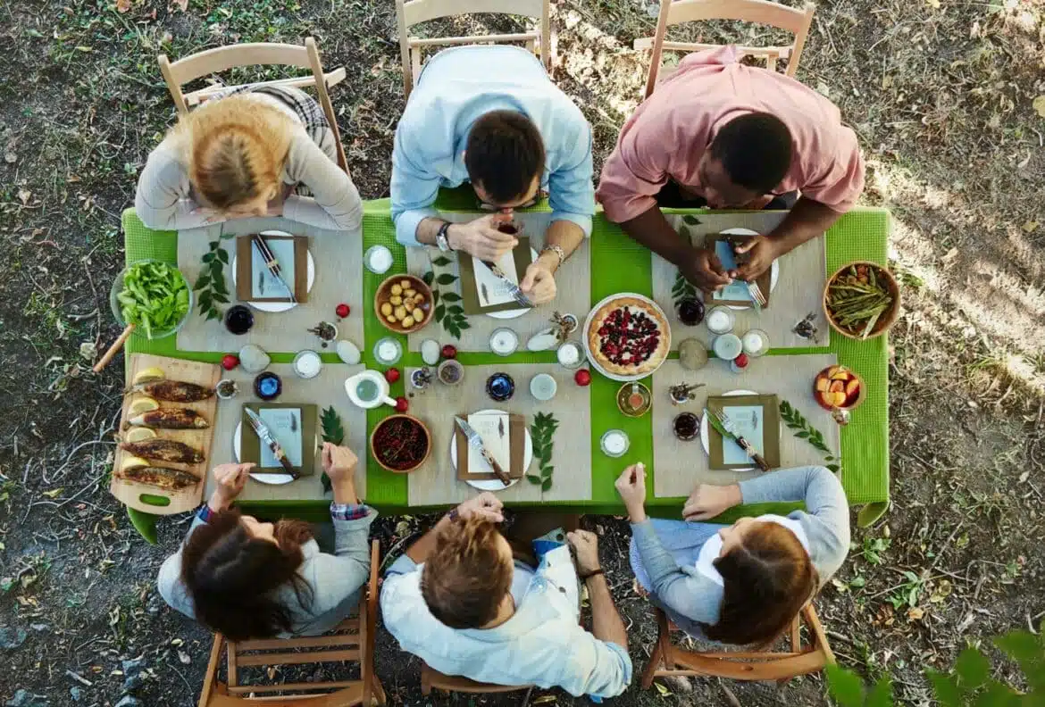 group of people eating outside
